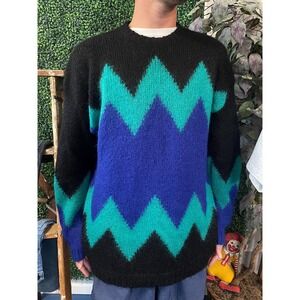 vtg Zig Zag VIBRANT MOHAIR KNIT Sweater dress / wool comfy nordic cute party